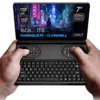 GPD-WIN-MINI-2025-INFOGRAPHIC-8840U-16-1-01 Hands holding the GPD Win Mini 2025, a compact clamshell handheld PC with a 7-inch 120Hz VRR display, AMD Ryzen 7 8840U processor, AMD Radeon Graphics, 16GB RAM, and 1TB NVMe storage, displayed against a futuristic cyberpunk background.