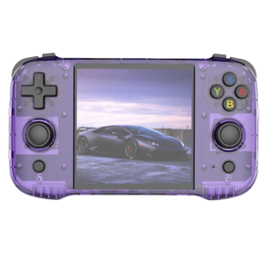 A front-facing view of the R46S gaming handheld in a transparent purple design. The layout includes a D-pad, analog sticks, colorful XYAB buttons, and the screen displaying a sports car against a scenic backdrop.