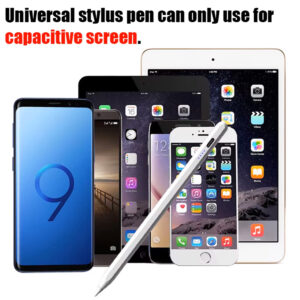 A white stylus pen is angled across a variety of stacked mobile phones and tablets (including an iPhone and an iPad), illustrating its broad compatibility. The overlaid text states, "Universal stylus pen can only use for capacitive screen."