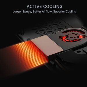 A close-up of the handheld console’s cooling system, highlighting its active cooling technology with enhanced airflow and a visible heat dissipation effect.