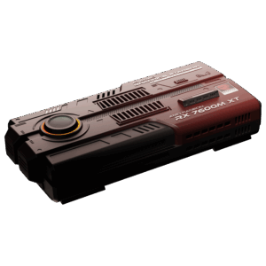 Front angled view of the AYANEO AG01 Starship Graphics Dock, showcasing its red metallic finish, futuristic heat vent design, and large circular LED fan.