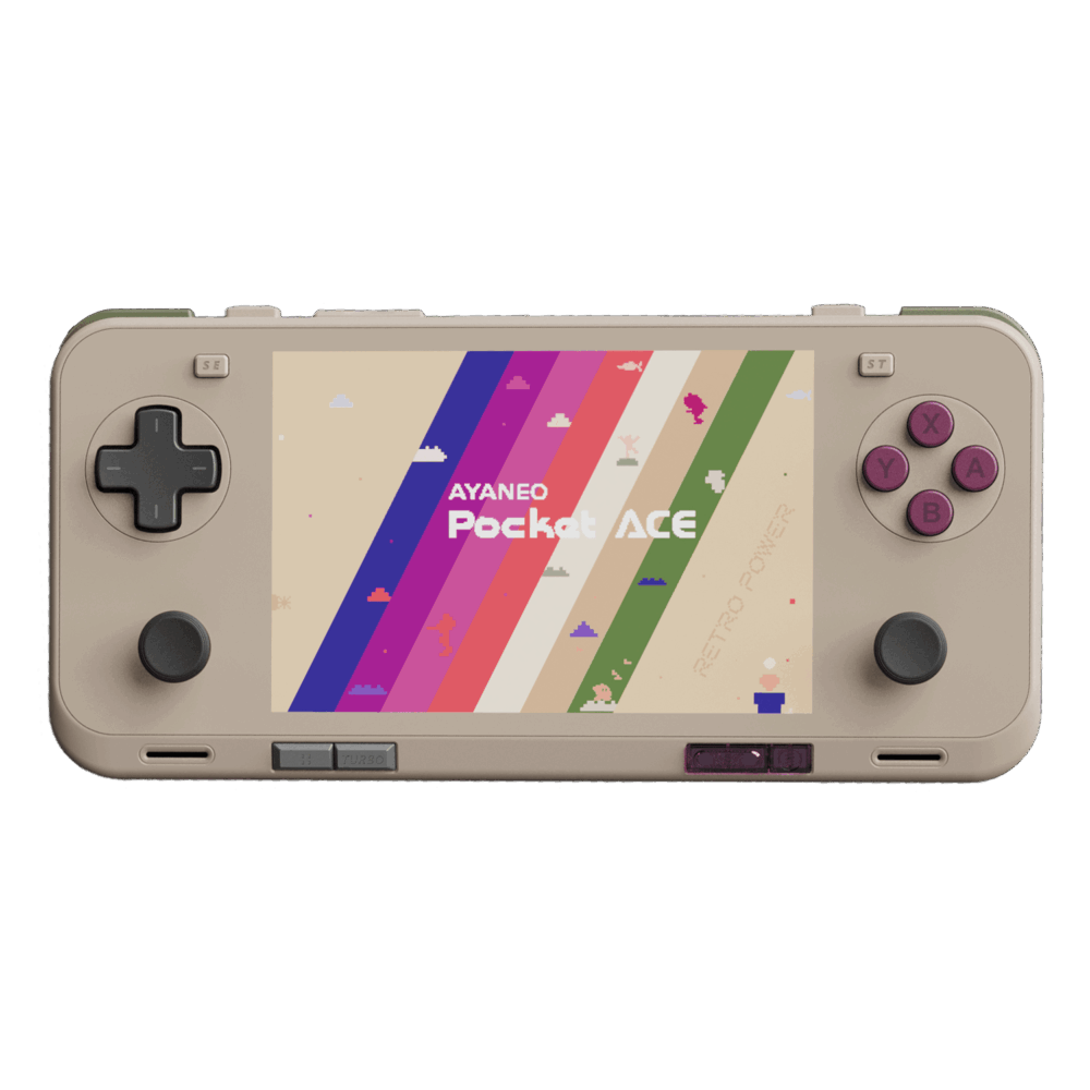 Sprednji pogled na AYANEO Pocket ACE v retro bež barvi z vijoličnimi gumbi, na katerem je prikazana različica logotipa Pocket ACE z motivom pikslov na barvnih črtah.