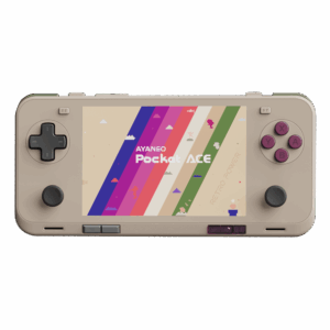 Front-facing view of the AYANEO Pocket ACE in retro beige with purple buttons, showing a pixel-themed version of the Pocket ACE logo on colorful stripes