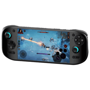 A black AYN Odin 2 Portal handheld gaming console displaying an action-packed RPG game. The screen shows a character using a fiery attack against enemies in a frozen landscape. The device has an ergonomic design with illuminated thumbsticks.