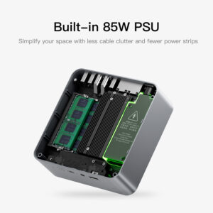 An open view of the Beelink EQR5 showcasing its built-in 85W power supply, designed to reduce cable clutter and minimize the need for external adapters.