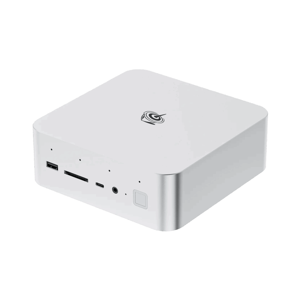 A compact yet powerful GTi13 Mini PC with a white finish, Beelink branding, USB 3.0 ports, a headphone jack, a power button, and ventilation on the sides.