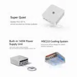 An infographic showcasing two features of the Beelink GTi13 Ultra: a fingerprint sensor for secure logins and file encryption, and a dustproof build with a mesh filter at the bottom to prevent dust accumulation. The image includes a close-up of the fingerprint sensor and an internal view of the bottom panel with mesh protection.