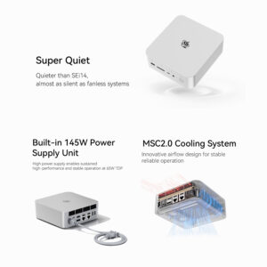 An infographic showcasing two features of the Beelink GTi13 Ultra: a fingerprint sensor for secure logins and file encryption, and a dustproof build with a mesh filter at the bottom to prevent dust accumulation. The image includes a close-up of the fingerprint sensor and an internal view of the bottom panel with mesh protection.