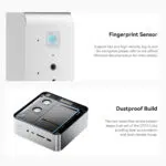 An infographic showcasing two features of the Beelink GTi13 Ultra: a fingerprint sensor for secure logins and file encryption, and a dustproof build with a mesh filter at the bottom to prevent dust accumulation. The image includes a close-up of the fingerprint sensor and an internal view of the bottom panel with mesh protection.