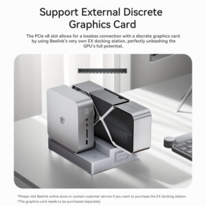 A detailed promotional image demonstrating the Beelink GTi13 Ultra’s ability to support an external GPU via a PCIe x8 slot. The device is shown docked with a Beelink EX docking station connected to a large external graphics card. The text mentions that the EX docking station and graphics card are sold separately.