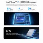 A specifications infographic highlighting the Intel Core i9-13900HK processor in the Beelink GTi13 Ultra. The processor features a 5.4GHz max turbo frequency, 14+ cores, and 20 threads with a 24MB Intel Smart Cache. The image also showcases the Intel Iris Xe integrated graphics with a max dynamic frequency of 1.5GHz. The background includes a glowing digital representation of the Intel Core i9 chip.