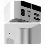 A close-up image showcasing the rear and front panel ports of the Beelink GTi13 Ultra. The top section highlights the power input, USB-C, HDMI, DisplayPort, and ventilation grilles, while the bottom section focuses on the device's curved edge design and build quality.