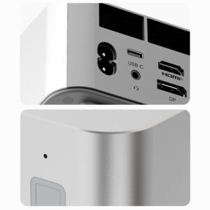 A close-up image showcasing the rear and front panel ports of the Beelink GTi13 Ultra. The top section highlights the power input, USB-C, HDMI, DisplayPort, and ventilation grilles, while the bottom section focuses on the device's curved edge design and build quality.