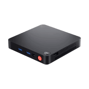 A compact Beelink T5 Mini PC with a black finish, Intel branding, USB 3.0 ports, a headphone jack, a power button, and ventilation on the sides.
