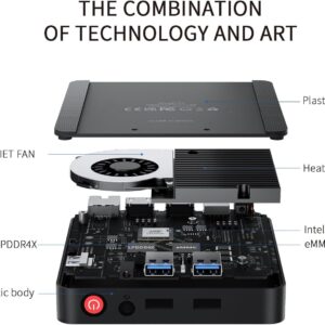 An exploded view of the Beelink T5, showing internal components like a heat sink, a cooling fan, Intel CPU, LPDDR4X RAM, and eMMC storage.
