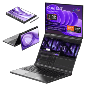 Image of the GPD Duo laptop, showcasing its 3-in-1 design with dual 13.3-inch touchscreen displays, each with 2.8K OLED resolution. The laptop is displayed in various modes: tablet, tent, and dual-screen laptop configurations. The secondary screen supports video input via USB-C. Specifications highlighted include AMD Ryzen 7 8840U or Ryzen AI, up to 64GB LPDDR5x RAM, and up to 8TB PCIe 4.0 NVMe SSD storage