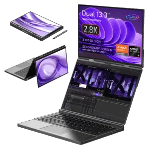 Image of the GPD Duo laptop, showcasing its 3-in-1 design with dual 13.3-inch touchscreen displays, each with 2.8K OLED resolution. The laptop is displayed in various modes: tablet, tent, and dual-screen laptop configurations. The secondary screen supports video input via USB-C. Specifications highlighted include AMD Ryzen 7 8840U or Ryzen AI, up to 64GB LPDDR5x RAM, and up to 8TB PCIe 4.0 NVMe SSD storage