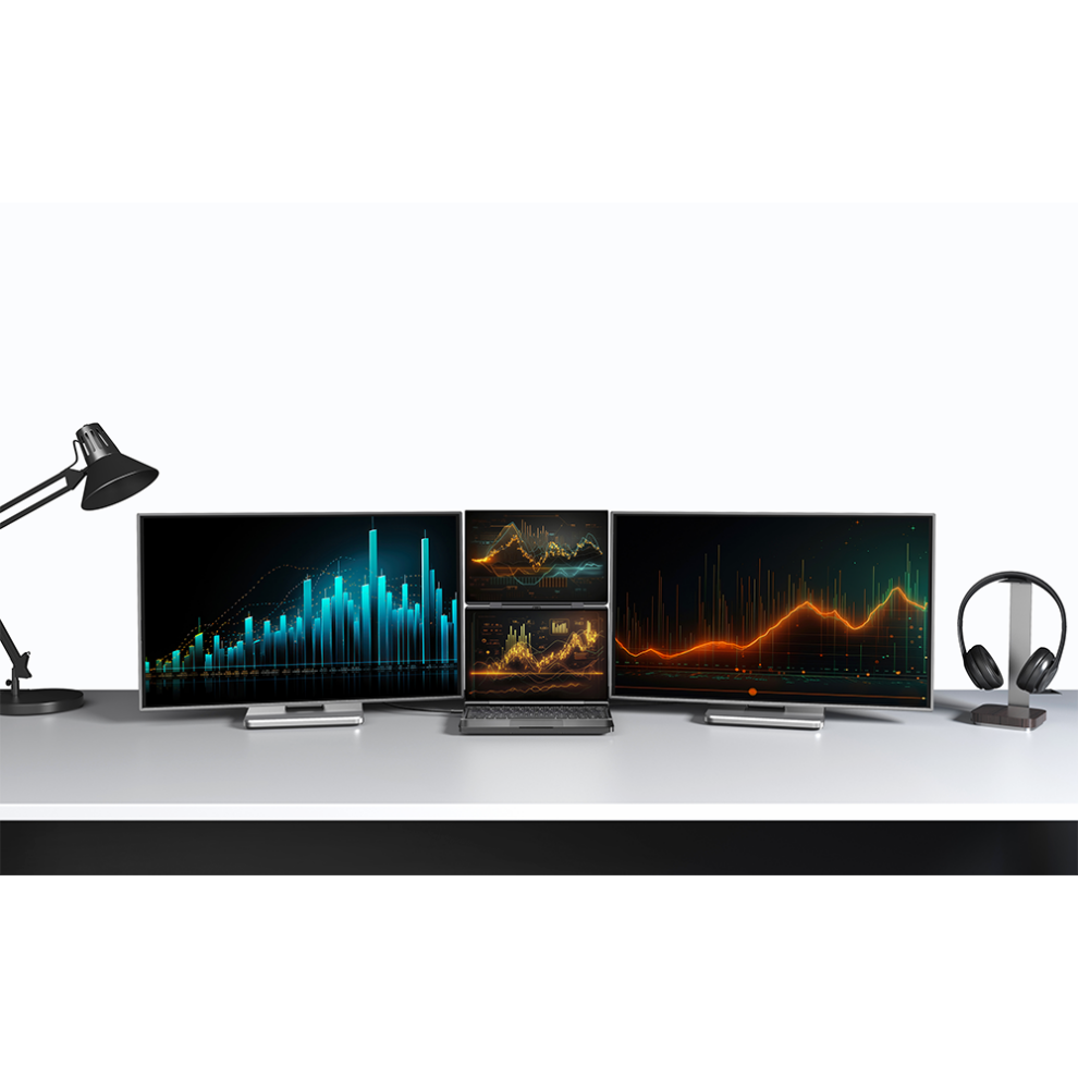 GPD-DUO-MARKETING-DONE-15-990x990 - DROIX EU A sleek workspace featuring a GPD Duo laptop with its secondary display connected. The setup includes three external monitors, all displaying various colorful graphs. The GPD Duo's secondary display is used as an extended screen, showing additional data. On the left, a modern desk lamp illuminates the area, and on the right, a pair of headphones rests on a stand. The arrangement demonstrates the versatility and utility of the GPD Duo's secondary display when connected to multiple devices using the USB-C port that supports DisplayPort Alt Mode.