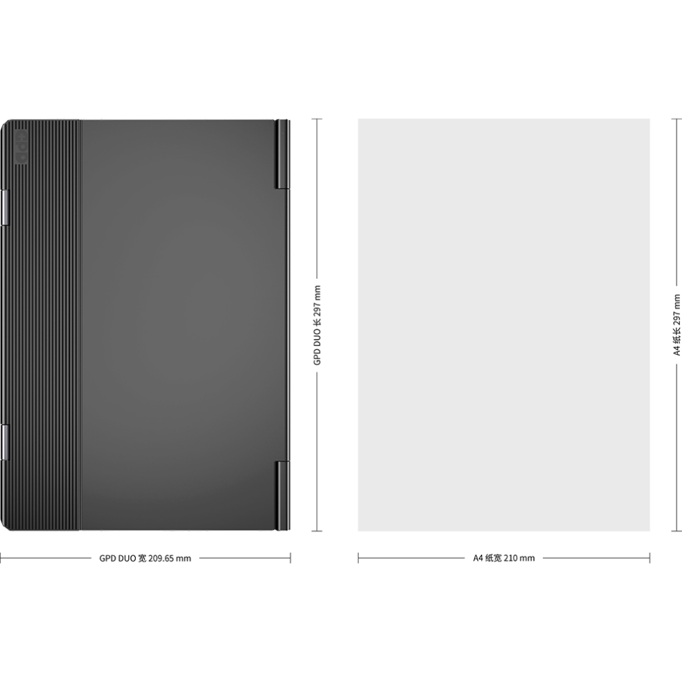 GPD-DUO-MARKETING-DONE-17-990x990 - DROIX EU Comparison of GPD DUO laptop dimensions with standard A4 paper size. The GPD DUO, shown in dark gray, measures 297mm in height and 209.65mm in width. Next to it, an A4 paper outline is displayed, measuring 297mm in height and 210mm in width, illustrating the laptop's compact size relative to a standard paper sheet