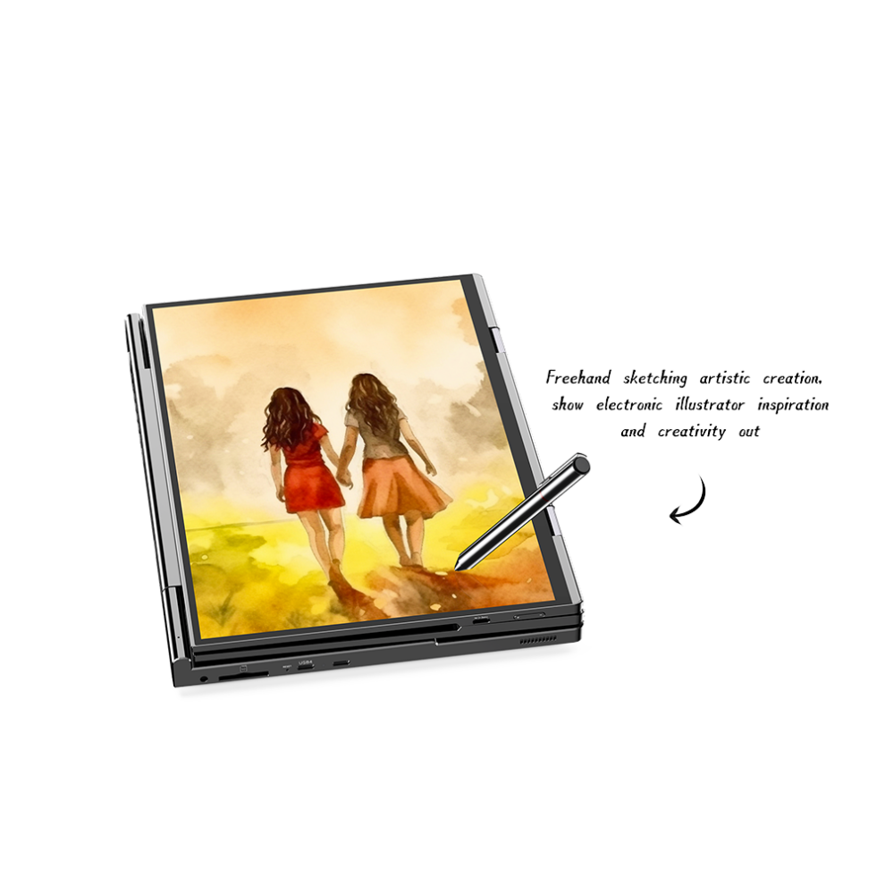 GPD-DUO-MARKETING-DONE-23-990x990 - DROIX EU The image showcases the GPD Duo, a versatile dual-screen laptop in tablet mode. It features two 13.3-inch OLED displays arranged vertically, with the top screen folded back. A stylus is shown interacting with the lower screen, which displays a colorful digital illustration of two women walking together in a warm, sunset-like environment. The image emphasizes the device's capability for freehand sketching and digital art creation. Text on the right side highlights the device's electronic illustrator inspiration and creativity features. This setup demonstrates the GPD Duo's potential for artistic and professional work in a portable, adaptable form factor.