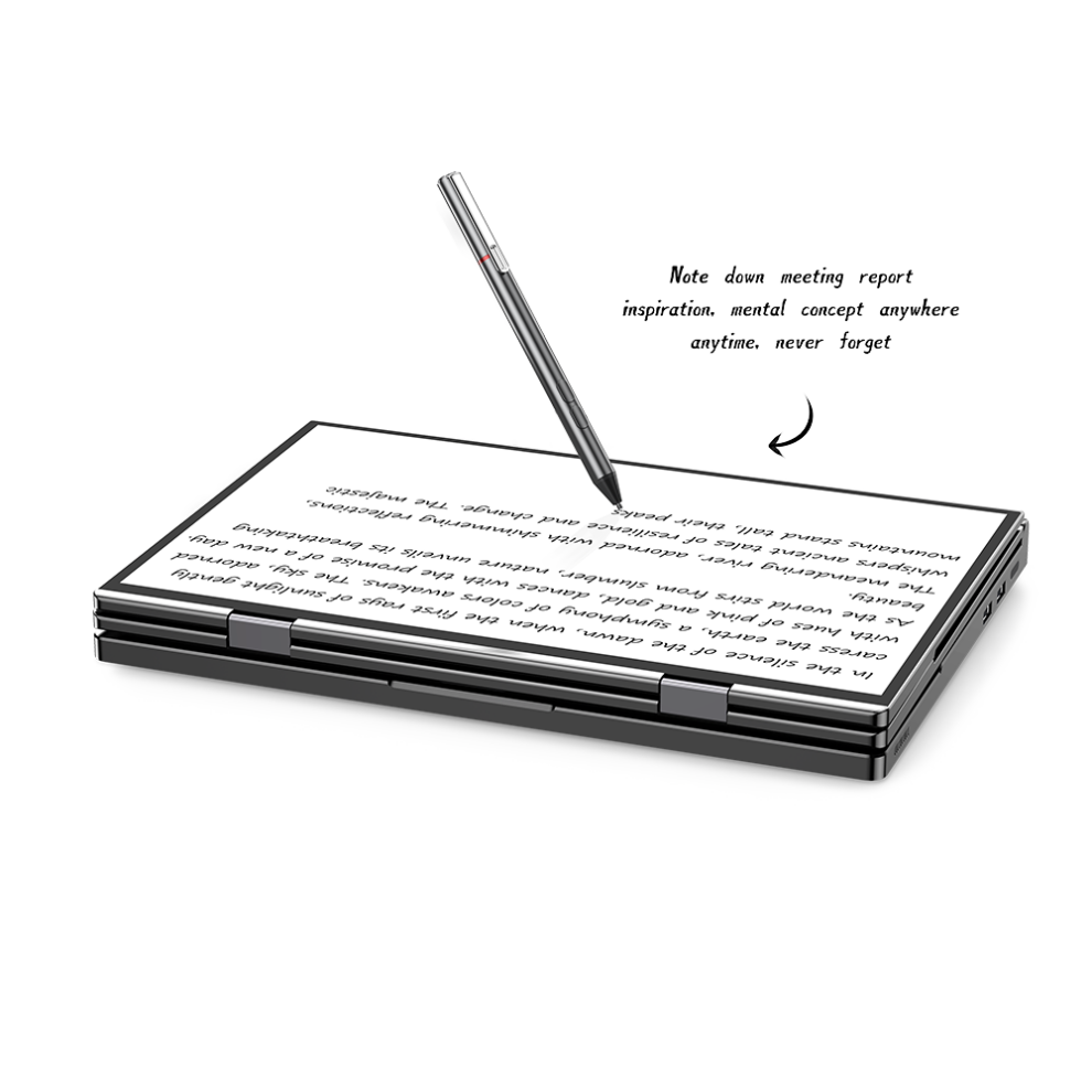 GPD-DUO-MARKETING-DONE-24-990x990 - DROIX EU A sleek, modern digital notebook device with a stylus. The device is shown in a folded laptop-like configuration with a screen displaying text. A thin, metallic stylus is poised above the screen. Text in the upper right reads "Note down meeting report inspiration, mental concept anywhere anytime, never forget" with an arrow pointing to the device. The image showcases the device's ability to digitally capture handwritten notes and ideas.