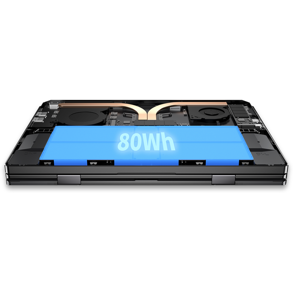 GPD-DUO-MARKETING-DONE-32-990x990 - DROIX EU The image displays the device's internal components, including the 80Wh battery prominently labeled in blue. The laptop's unique tri-fold structure is visible, with two 13.3-inch OLED screens that can be positioned in various configurations. The sleek black chassis and copper-colored heat dissipation system are also visible, highlighting the device's powerful internals and innovative cooling solution
