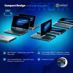 A promotional image for the "Compact Design with Ergonomic Controls" of the GPD MicroPC 2. The background is a stylized blue with hexagonal patterns. The top shows a diagram of a 180° rotation. A sequence of three GPD MicroPC 2s is shown, demonstrating its hinge rotation. The bottom of the image highlights key features in bullet points: "180° Rotation," "One-handed Rotation," "Comfortable QWERTY Keyboard," and "Fingerprint Unlock," with a small inset image of the fingerprint sensor.