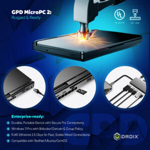 A promotional image for the "GPD MicroPC 2: Rugged & Ready" highlighting its durability and enterprise features. The top half shows a hammer hitting the corner of the device's screen, with a glowing impact effect. "UL" and "UL 94 V-0" logos are next to it. Below, there are three circular insets: one showing a close-up of the RJ45 Ethernet port with a cable, one showing the microSD card slot with a card inserted, and one showing a USB-C hub with multiple cables connected. The bottom half lists "Enterprise-ready" with bullet points on its durability, OS compatibility, and connectivity.