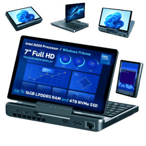 A promotional image showcasing the versatile display modes of the GPD MicroPC 2. A central image shows the device open in laptop mode, with a detailed dashboard on its screen. Around it, smaller versions of the device are shown in different orientations: in tablet mode, inverted V-shape, and portrait mode. Bullet points at the bottom highlight key features like the processor, screen size, and storage capacity. The background is a solid dark green.