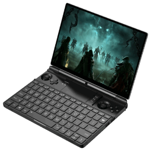 A black GPD WIN MAX 2 handheld gaming PC is shown open at an angle, displaying a dark fantasy action game on its screen. The device features a full QWERTY keyboard, an integrated touchpad, and game controllers with analog sticks and buttons on either side of the keyboard.