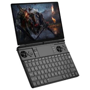 A black GPD WIN MAX 2 handheld gaming PC is shown open at an angle, displaying a vibrant fantasy action game on its screen with two armored characters. The device features a full QWERTY keyboard, an integrated touchpad, and game controllers with analog sticks, a D-pad, and action buttons.