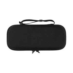 Exterior view of the AYN Odin 2 and Portal carrying case, featuring a durable black shell with a textured surface, dual zipper closure, and a wrist strap for easy carrying.