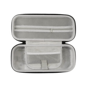 Interior view of the AYN Odin 2 and Portal carrying case, featuring a durable black shell with a textured surface, dual zipper closure, and a wrist strap for easy carrying.