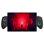 ONEXPLAYER X1 PRO gaming handheld with detachable controllers displaying a red-lit game scene.