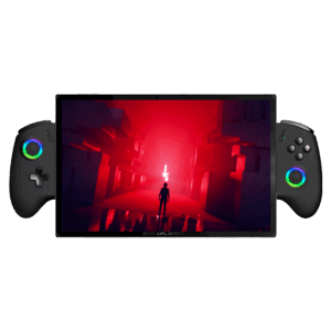 ONEXPLAYER X1 PRO gaming handheld with detachable controllers displaying a red-lit game scene.