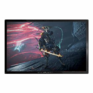 ONEXPLAYER X1 PRO in tablet mode, showing a game with a futuristic armored warrior against a sci-fi backdrop