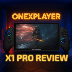 Promotional image for the ONEXPLAYER X1 Pro review featuring the handheld gaming device with detachable controllers, displaying a fantasy warrior game on screen. Background features a red and blue neon-lit environment with glowing text 'ONEXPLAYER X1 PRO REVIEW' and an AMD Ryzen AI 9 HX logo in the corner.