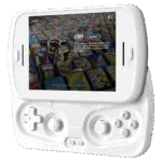 A white RG SLIDE handheld gaming device is shown with its screen slid up to reveal the game controls. The screen displays a game selection interface featuring "FBN (2000)" and a background composed of numerous classic game cartridge covers. The controller section has a white D-pad and analog sticks, with colored ABXY buttons.