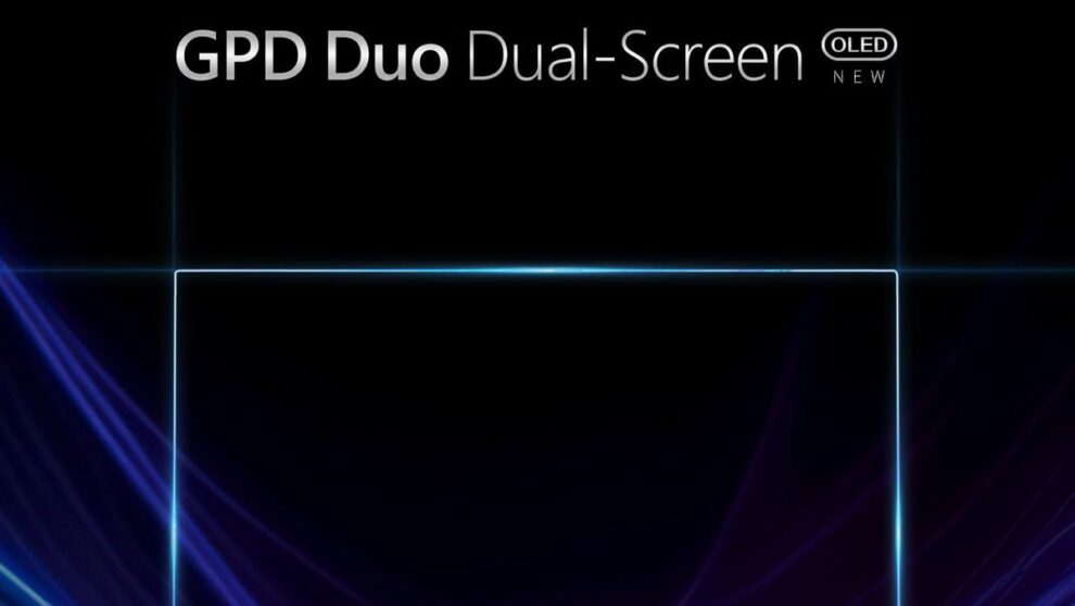 VRJvNTJZmA2PRjHYRe5a9F-1200-80-990x558 - DROIX EU Promotional image for GPD Duo Dual-Screen OLED device. Dark background with glowing blue and purple light effects. A rectangular outline suggests the device's shape, with 'GPD Duo Dual-Screen OLED NEW' text at the top.