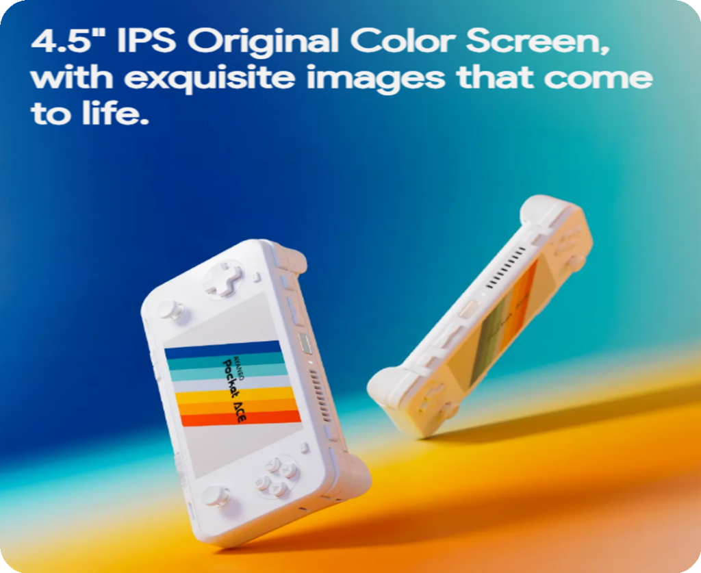 ips_screen_rounded-1-1024x837 - DROIX EU A promotional graphic for a white handheld gaming console (AYNNO Pocket ACE). The image features two consoles floating against a bright background with a blue-to-yellow gradient. The console's screen displays a colorful retro rainbow stripe design with the text "AYNNO Pocket ACE". White text at the top reads: "4.5" IPS Original Color Screen, with exquisite images that come to life."