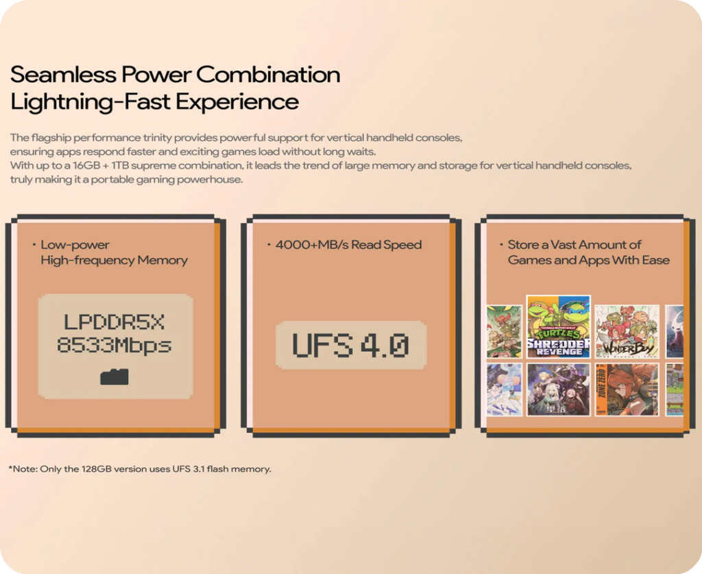 seamless_power_combination_rounded-1024x837 - DROIX EU Infographic promoting performance features of a handheld gaming console. Highlights include LPDDR5X memory at 8533 Mbps, UFS 4.0 storage with 4000+ MB/s read speed, and support for large storage capacity to hold numerous games. Three panels illustrate memory, storage, and gaming library with pixelated graphics and game cover thumbnails.