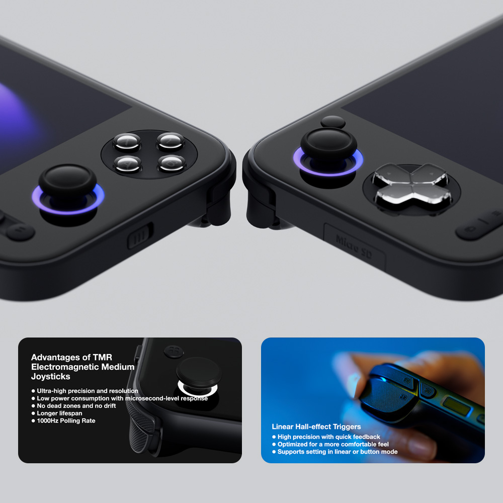 AYANEO-S2-MARKETING-DONE-IMAGE-2 - DROIX EU A promotional graphic focusing on the TMR Electromagnetic Medium Joysticks and Linear Hall-effect Triggers of the AYANEO S2. The top half shows a close-up comparison of the left and right controls of the black console, with the joysticks glowing purple. The bottom half features two insets: one detailing the advantages of the TMR Joysticks (e.g., 1000Hz Polling Rate, No dead zones) and the other showing a finger using the Linear Hall-effect Triggers for high precision.