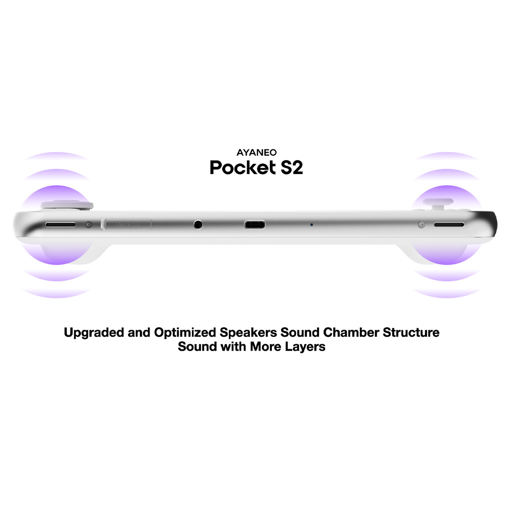 AYANEO-S2-MARKETING-DONE-IMAGE-3 - DROIX EU A clean product image showcasing the AYANEO Pocket S2 handheld gaming console in white, viewed from its top edge. The console is centered horizontally against a white background, with purple sound wave icons emanating from both the left and right sides, indicating audio output. Above the console, "AYANEO Pocket S2" is written in black text. Below the console, the text "Upgraded and Optimized Speakers Sound Chamber Structure Sound with More Layers" is displayed in black, emphasizing enhanced audio.