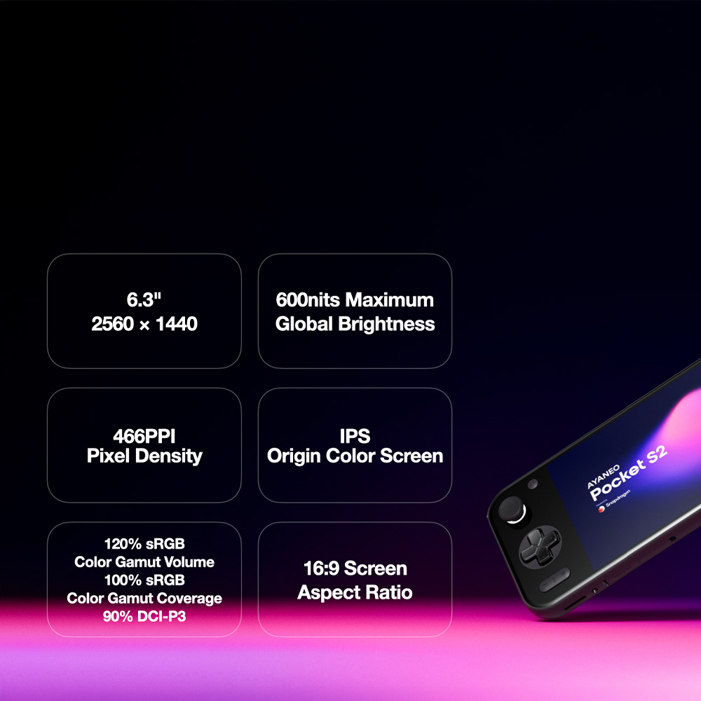 AYANEO-S2-MARKETING-DONE-IMAGE-4 - DROIX EU A dark, minimalist marketing image highlighting the display specifications of the AYANEO Pocket S2. The left side of the image features six black rectangular boxes with rounded corners, each containing white text detailing screen features: "6.3" 2560 x 1440", "600nits Maximum Global Brightness", "466PPI Pixel Density", "IPS Origin Color Screen", "120% sRGB Color Gamut Volume 100% sRGB Color Gamut Coverage 90% DCI-P3", and "16:9 Screen Aspect Ratio". The right side of the image shows a partial view of the black AYANEO Pocket S2 handheld gaming console, with its screen displaying "AYANEO Pocket S2" and a vibrant pink and blue abstract background, angled upwards from the lower right. The background transitions from a dark purple at the top to a bright magenta glow at the bottom.