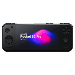 A direct front view of the black AYANEO Pocket S2 Pro handheld gaming console, isolated against a light grey background. The screen prominently displays "AYANEO Pocket S2 Pro" and "Powered by Snapdragon" against a dark background with vibrant pink and blue abstract shapes. All control buttons, including the D-pad, analog sticks, and face buttons, are clearly visible.