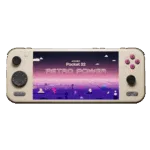 The AYANEO Pocket S2 handheld gaming console in a retro beige and olive green color scheme is centered on a dark, grid-patterned surface, against a soft purple and pink gradient sky with pixel art clouds and fish. The screen prominently displays "AYANEO Pocket S2 Pro" and "RETRO POWER" within a pixel art landscape. All control buttons, including the black D-pad, analog sticks, and magenta A, B, X, Y face buttons, are clearly visible.