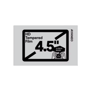 Pelēks taisnstūra formas ekrāna aizsarga iepakojums, centrēts uz balta fona. Iepakojuma priekšpusē kreisajā pusē ir liels melns teksts "HD Tempered Film" (HD rūdīta plēve), bet augšējā labajā pusē pa labi ir redzams uzraksts "4,5''" ar diagonālu līniju, kas stiepjas augšpusē. Zem "4,5''" ir mazāks teksts ķīniešu valodā "全透高清 钢化膜" (Pilnībā caurspīdīga augstas izšķirtspējas rūdīta plēve) un balts rokas spēļu ierīces kontūrs ar uzrakstu "PLAY AYANEO" uz tās ekrāna. Iepakojuma labajā pusē vertikāli ir uzraksts "AYANEO".