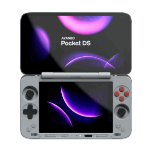 AYANEO Pocket DS dual-screen Android gaming handheld in a clamshell design, showing the top and bottom screens.
