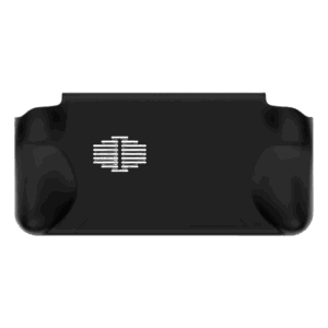 AYANEO Pocket ACE melnā roktura aksesuāra aizmugures skats uz balta fona. Piederumam ir centrālais izgriezums ar baltām svītrām un divām noapaļotām, ergonomiskām rokturītēm kreisajā un labajā pusē.