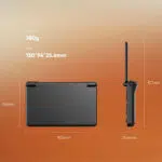 Tehniskā diagramma, kurā parādīti AYN Thor rokas spēļu konsoles izmēri un svars. Fons ir oranžas un brūnas krāsas gradients. Kreisajā pusē ir parādīts slēgtas ierīces priekšējais skats ar platuma (150 mm) un augstuma (94 mm) marķējumu. Labajā pusē ir parādīts ierīces sānu skats ar atvērtu ekrānu, ar apzīmētu augstumu (177 mm) un biezumu (25,6 mm). Attēla augšdaļā ir norādīts "Svars: 380 g" un "Izmērs: 150*94*25,6 mm".    